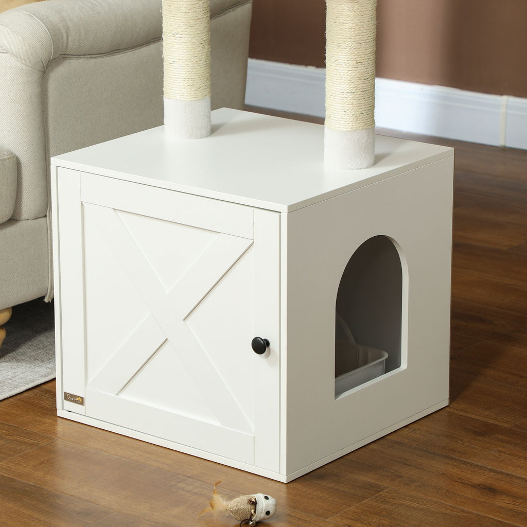 Cat Tree with Litter Box Enclosure, Scratching Posts, Bed, Climbing Platforms for Indoor Cats, White