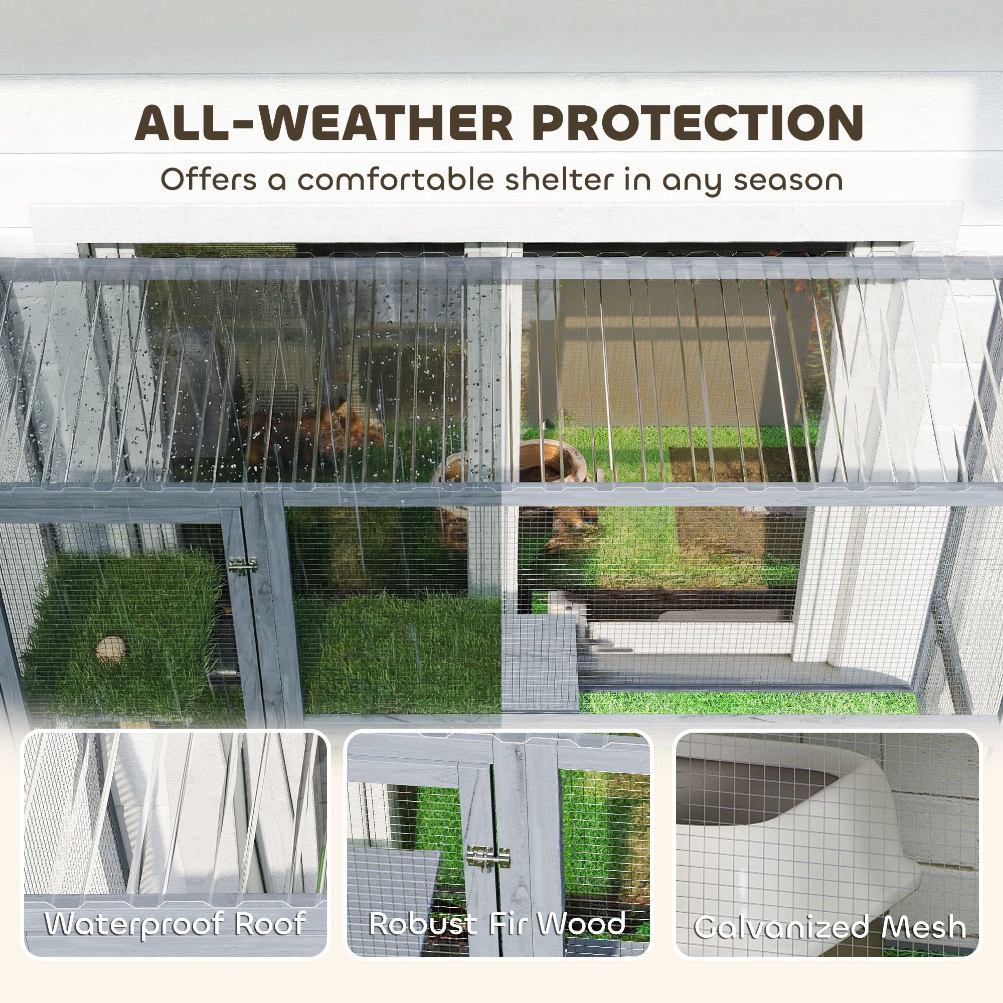 Catio Outdoor Cat Enclosure, 77" H Wooden Cat House with Weatherproof Roof, Platforms and Scratching Post