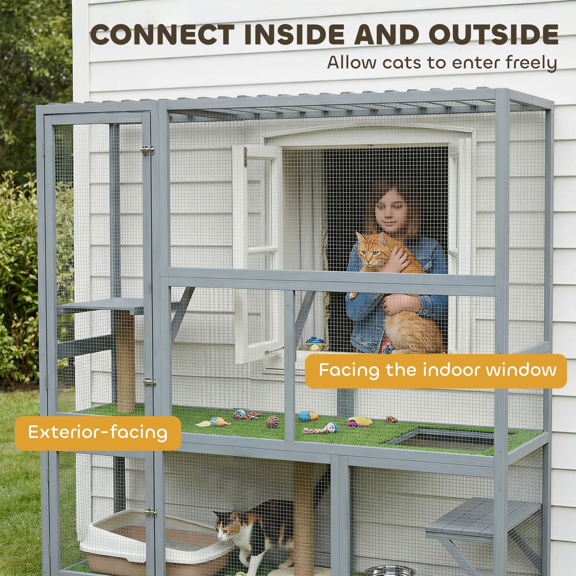 Catio Outdoor Cat Enclosure, 77" H Wooden Cat House with Weatherproof Roof, Platforms and Scratching Post