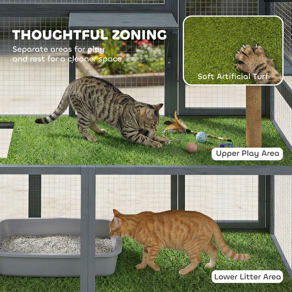 Catio Outdoor Cat Enclosure, 77" H Wooden Cat House with Weatherproof Roof, Platforms and Scratching Post