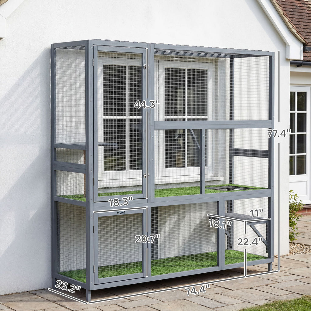 Catio Outdoor Cat Enclosure, 77" H Wooden Cat House with Weatherproof Roof, Platforms and Scratching Post