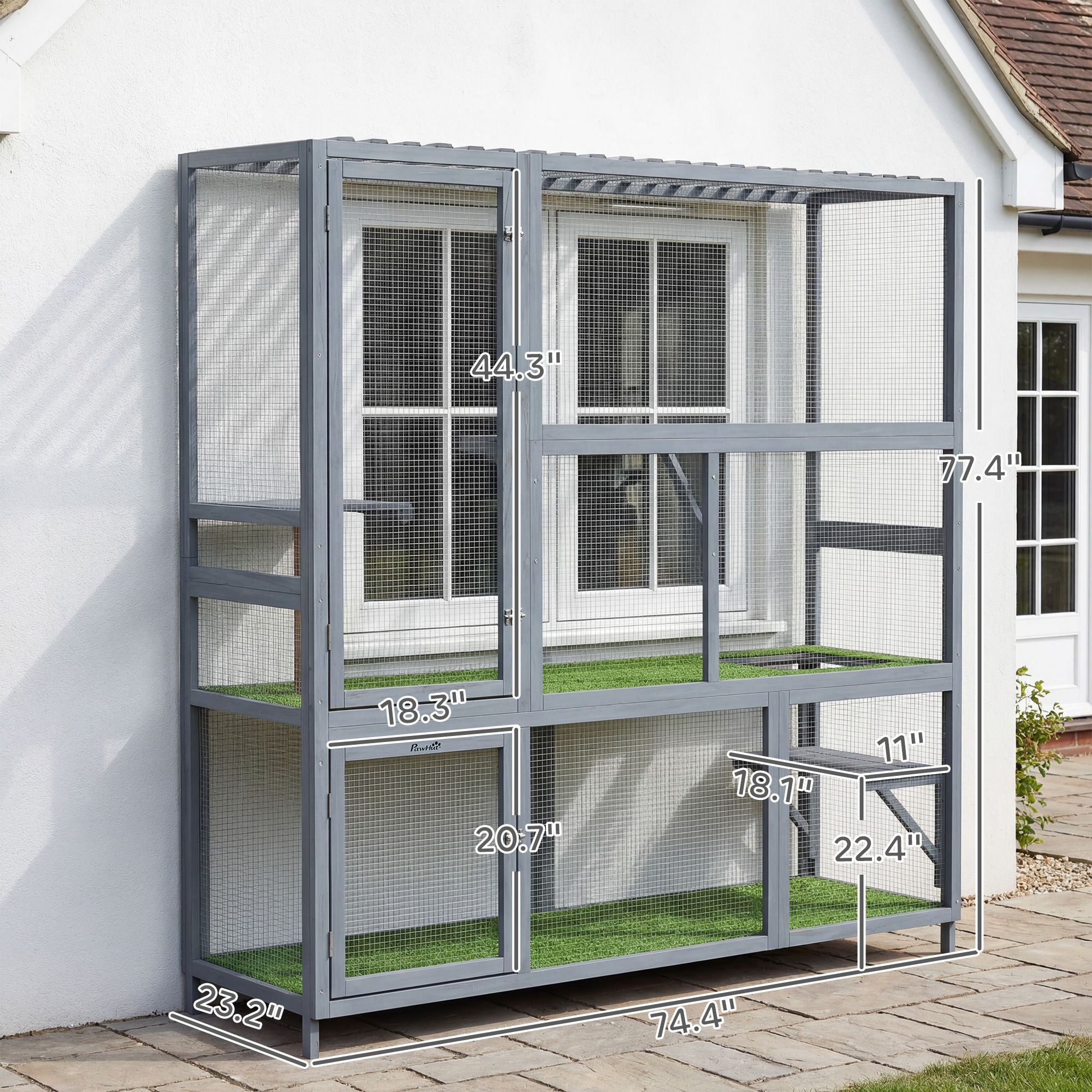 Catio Outdoor Cat Enclosure, 77" H Wooden Cat House with Weatherproof Roof, Platforms and Scratching Post