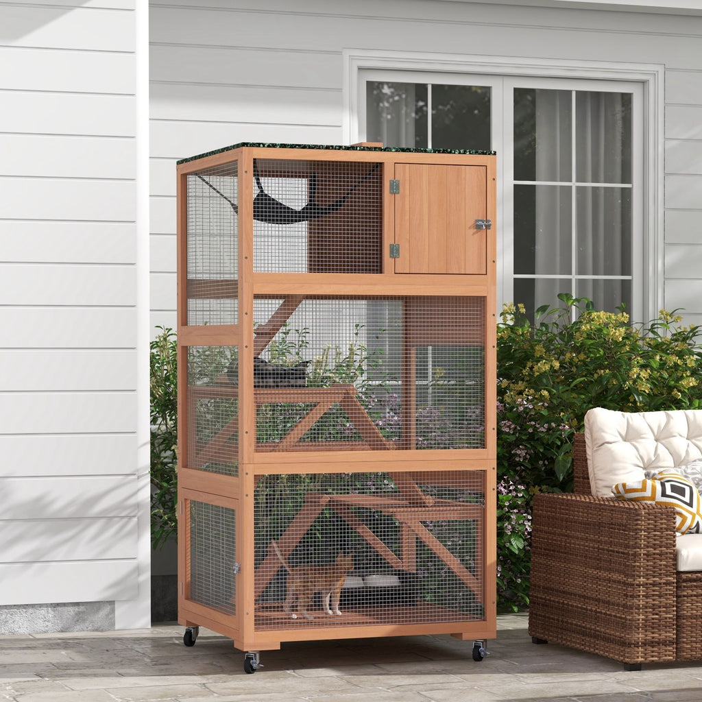 Outdoor Cat Enclosure on Wheels with Hammock and Ramps - Orange