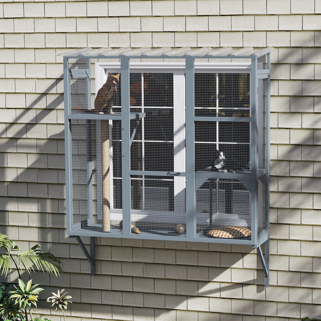 Catio Outdoor, Window Catio for 2-3 Large Indoor Cats w/ 2 Jumping Platforms, Scratching Post, for Playing, Napping