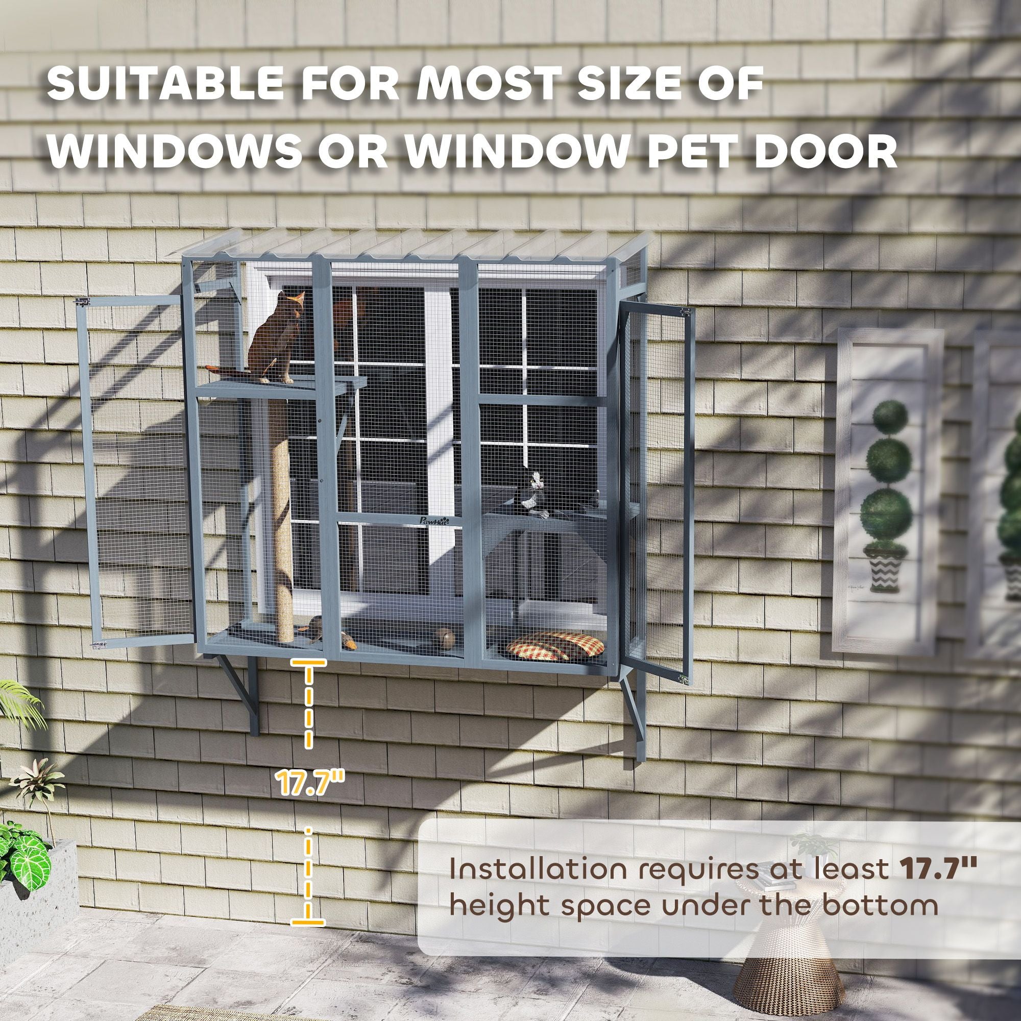 Catio Outdoor, Window Catio for 2-3 Large Indoor Cats w/ 2 Jumping Platforms, Scratching Post, for Playing, Napping