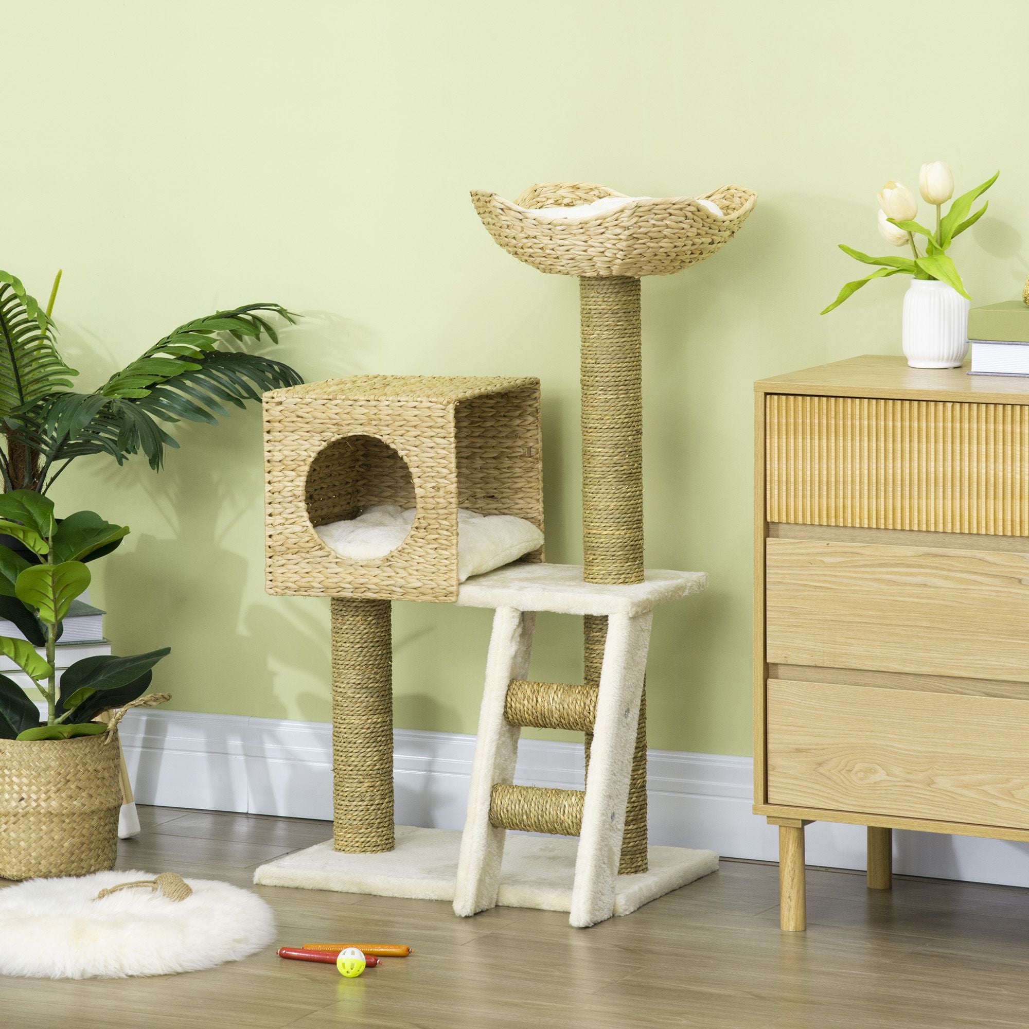 Cattail Weave Cat Tree for Indoor Cats Kitty Tower with Rattan Cat Condo, Wicker Bed, Ladder, Washable Cushions, 22.5" x 14.5" x 39.5", Natural