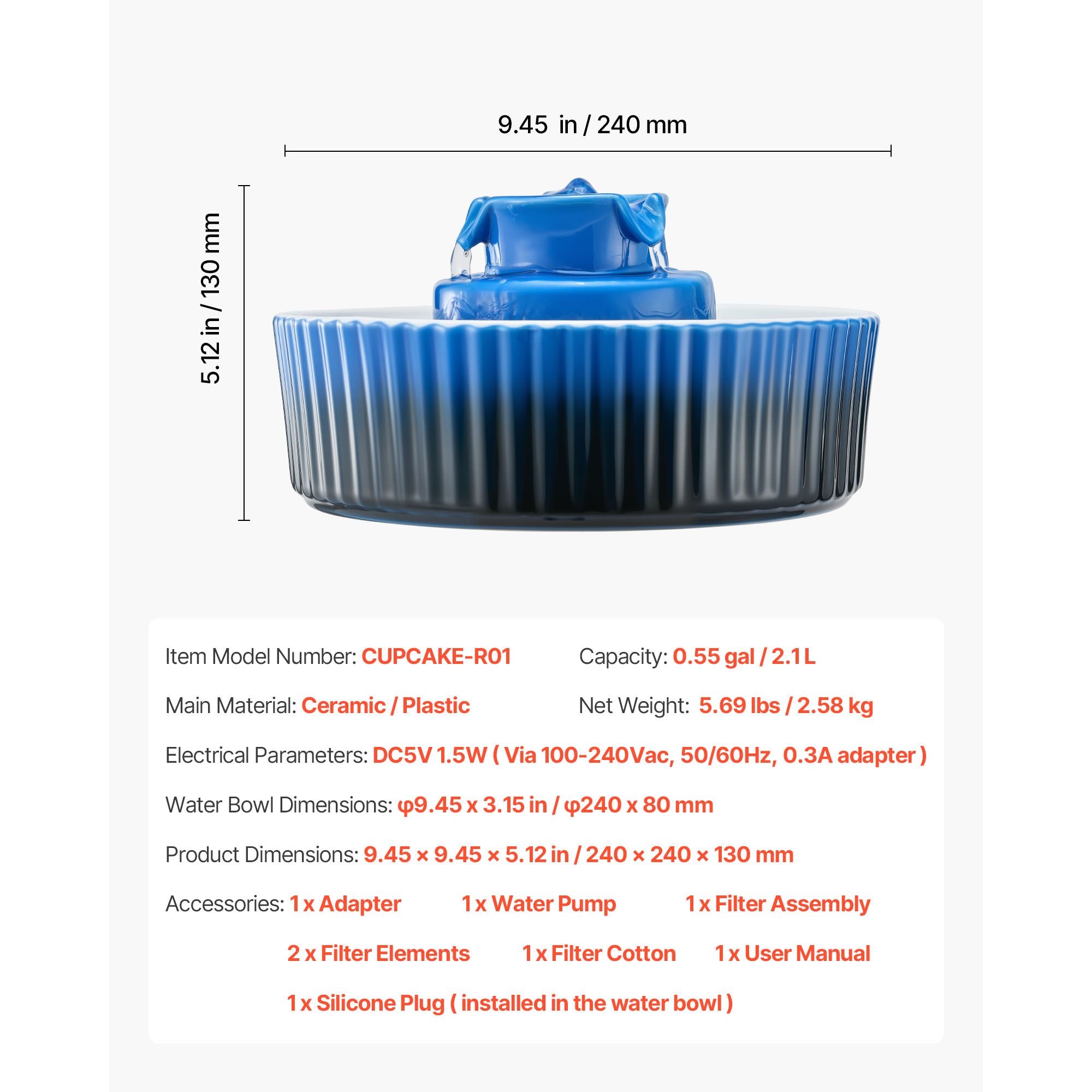 Ceramic Cat Water Fountain with 2.1L Capacity & Ultra-Quiet Pump