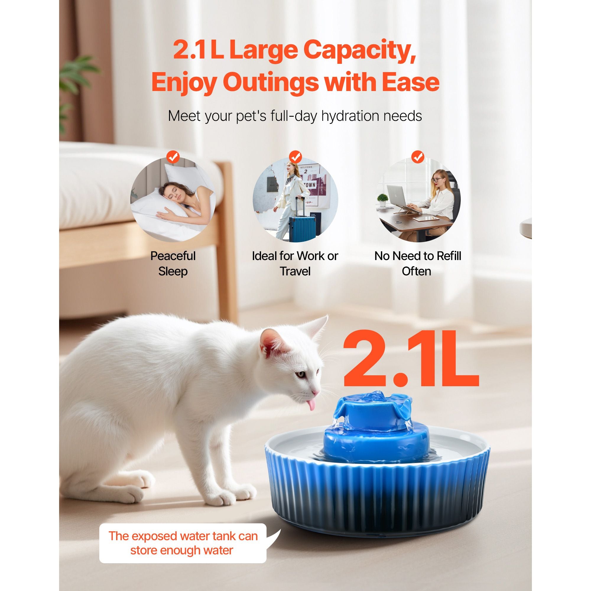 Ceramic Cat Water Fountain with 2.1L Capacity & Ultra-Quiet Pump