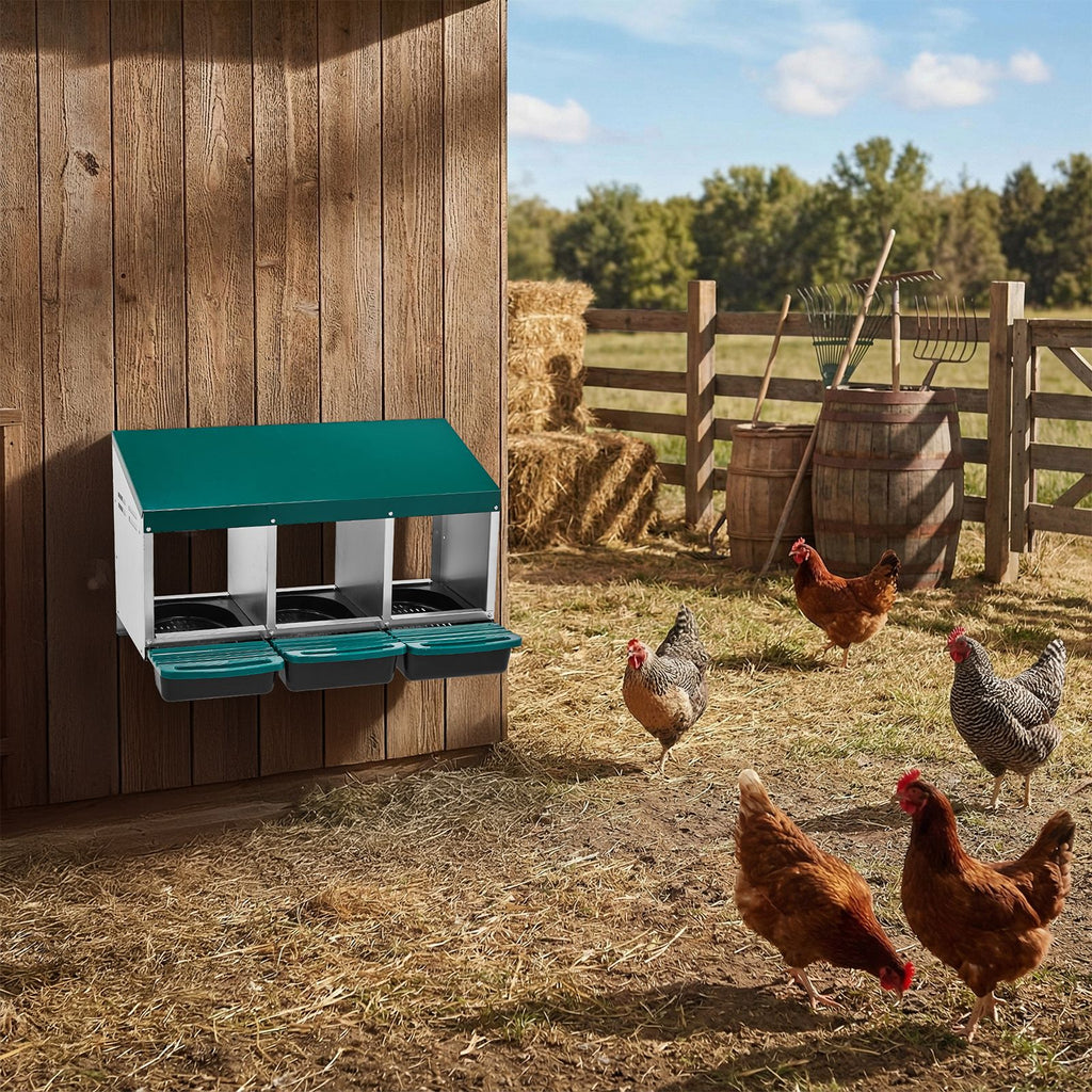 Chicken Nesting Box, 3 Compartment Nesting Box for Laying Eggs, Wall Mount Chicken Brooder Box with Perch, Easy Egg Collection, Cleanable Pull Out Hen Roosting Boxes, 3 Holes, Green