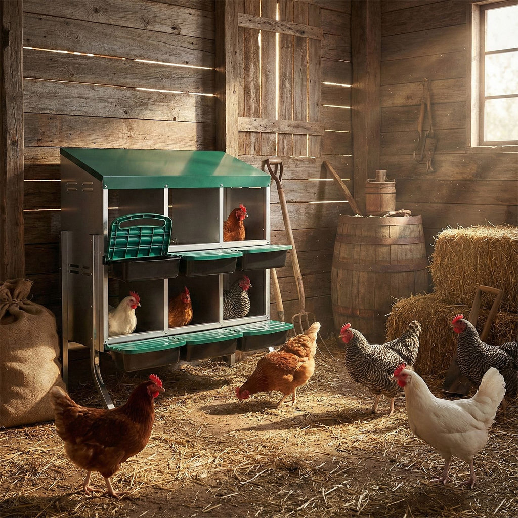 Chicken Nesting Box, 6 Compartment Nesting Box for Laying Eggs, Wall Mount Chicken Brooder Box with Perch, Easy Egg Collection, Cleanable Pull Out Hen Roosting Boxes, 6 Holes, Green