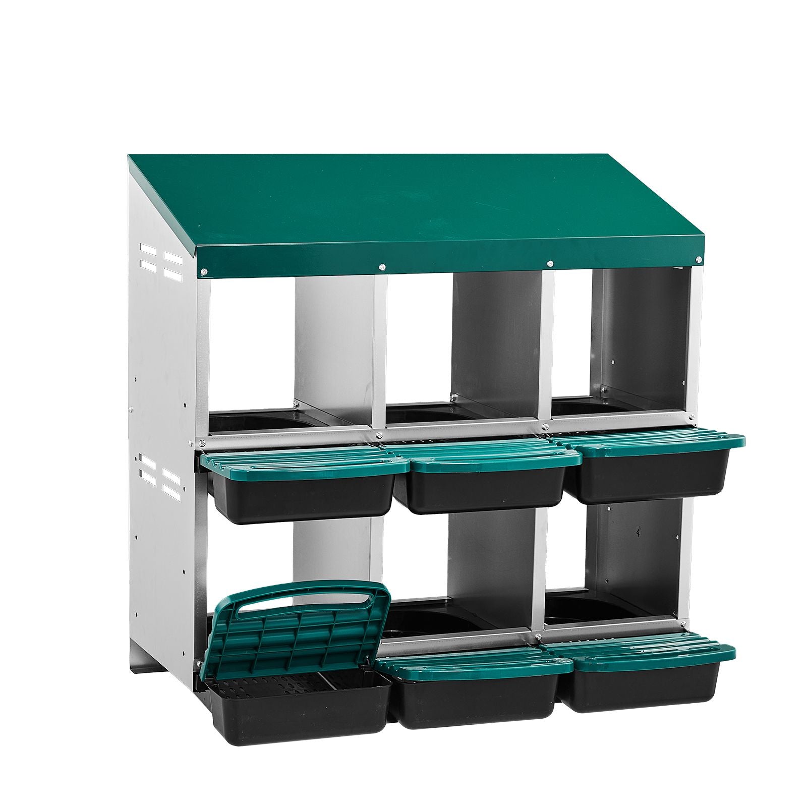 Chicken Nesting Box, 6 Compartment Nesting Box for Laying Eggs, Wall Mount Chicken Brooder Box with Perch, Easy Egg Collection, Cleanable Pull Out Hen Roosting Boxes, 6 Holes, Green