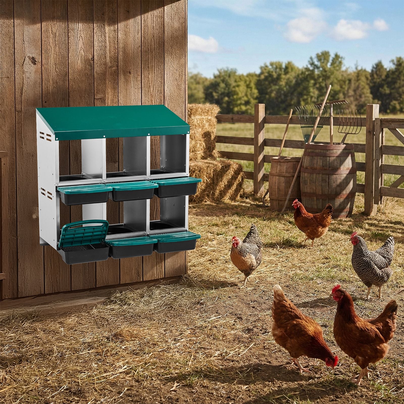 Chicken Nesting Box, 6 Compartment Nesting Box for Laying Eggs, Wall Mount Chicken Brooder Box with Perch, Easy Egg Collection, Cleanable Pull Out Hen Roosting Boxes, 6 Holes, Green