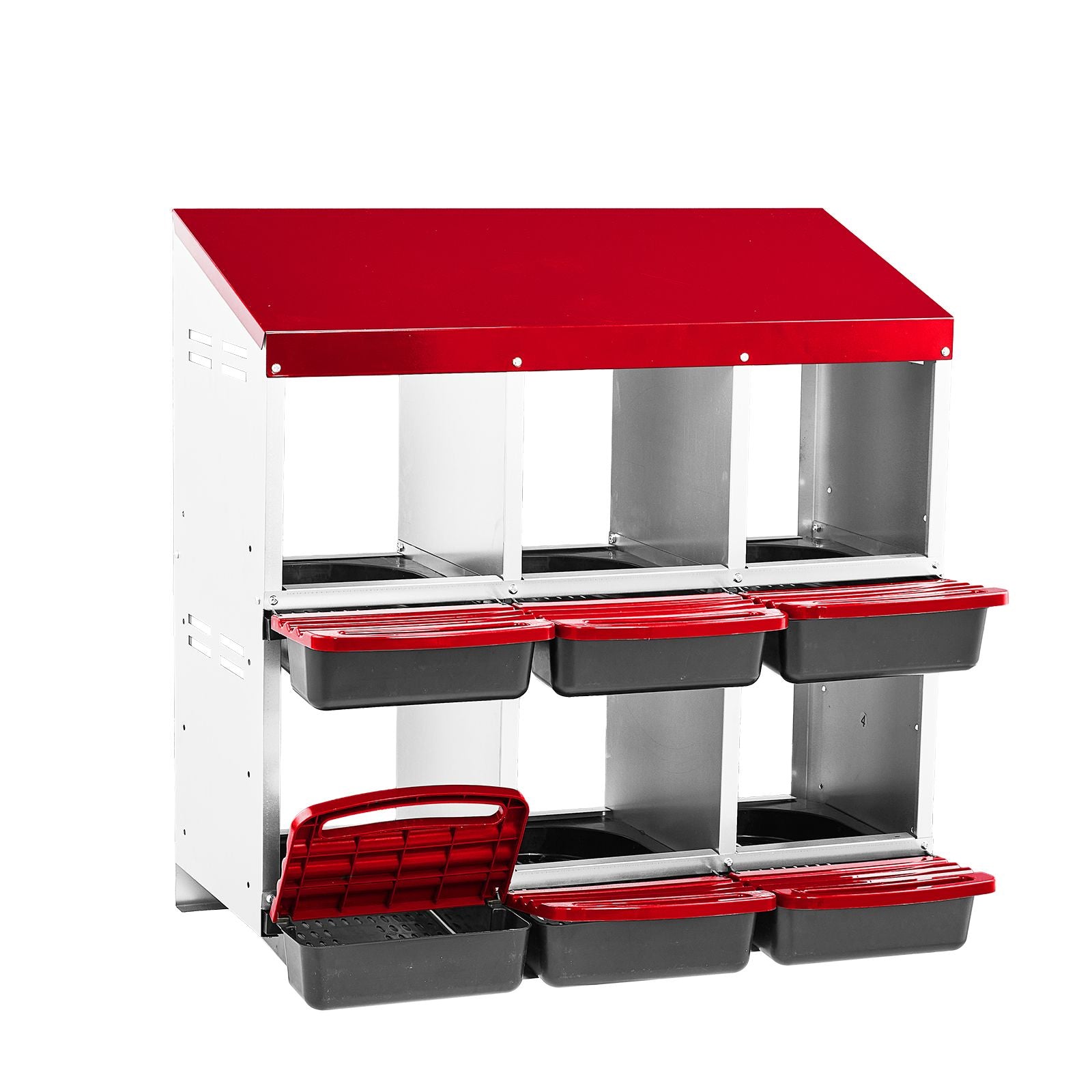 Chicken Nesting Box, 6 Compartment Nesting Box for Laying Eggs, Wall Mount Chicken Brooder Box with Perch, Easy Egg Collection, Cleanable Pull Out Hen Roosting Boxes, 6 Holes, Red