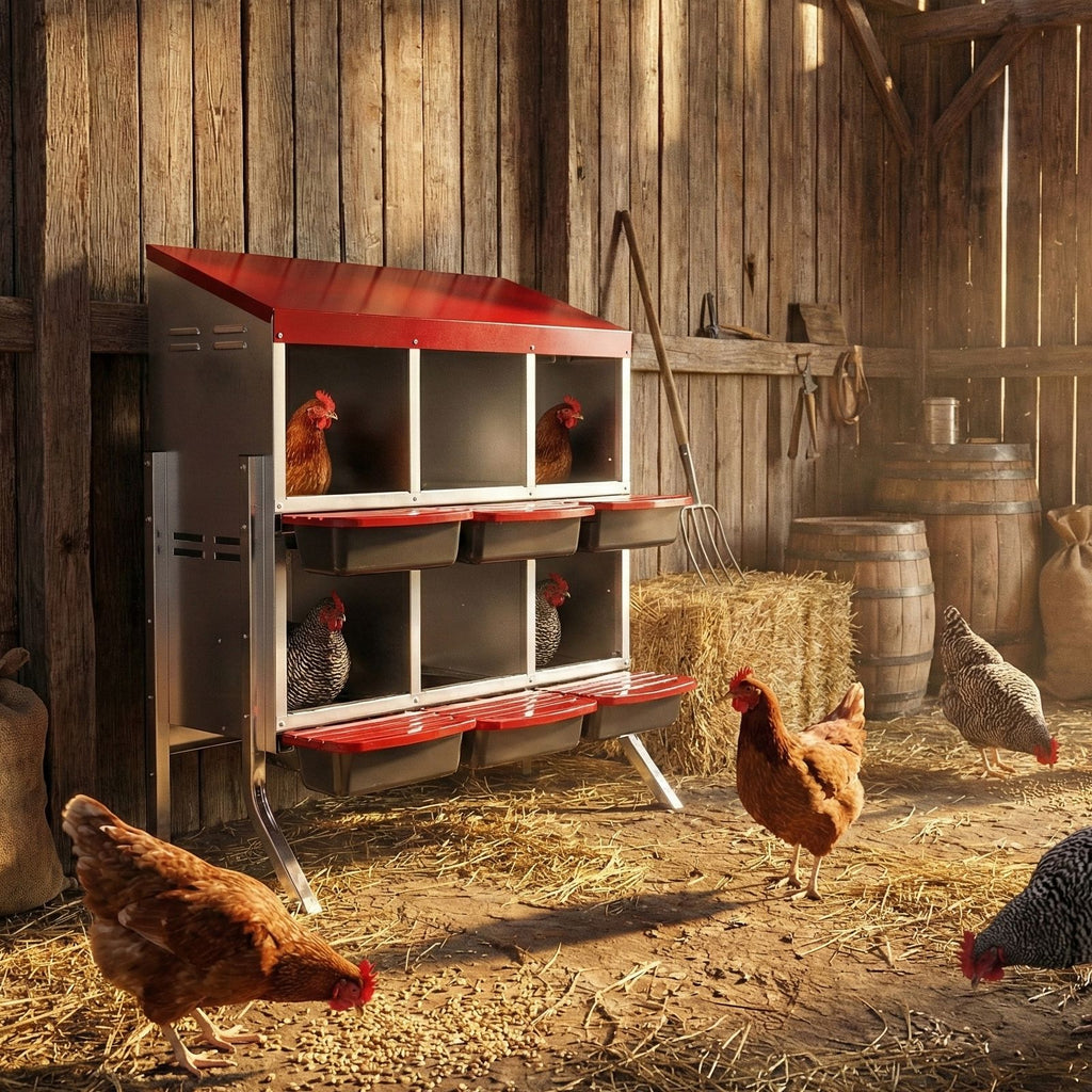 Chicken Nesting Box, 6 Compartment Nesting Box for Laying Eggs, Wall Mount Chicken Brooder Box with Perch, Easy Egg Collection, Cleanable Pull Out Hen Roosting Boxes, 6 Holes, Red