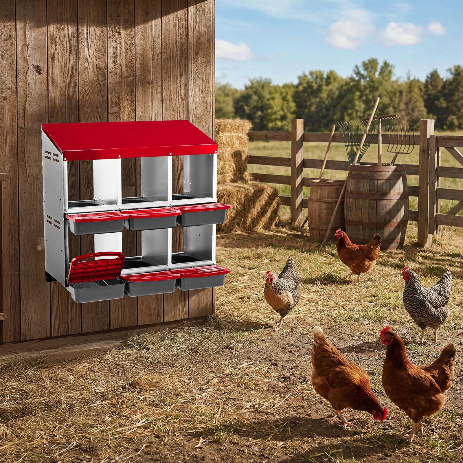 Chicken Nesting Box, 6 Compartment Nesting Box for Laying Eggs, Wall Mount Chicken Brooder Box with Perch, Easy Egg Collection, Cleanable Pull Out Hen Roosting Boxes, 6 Holes, Red