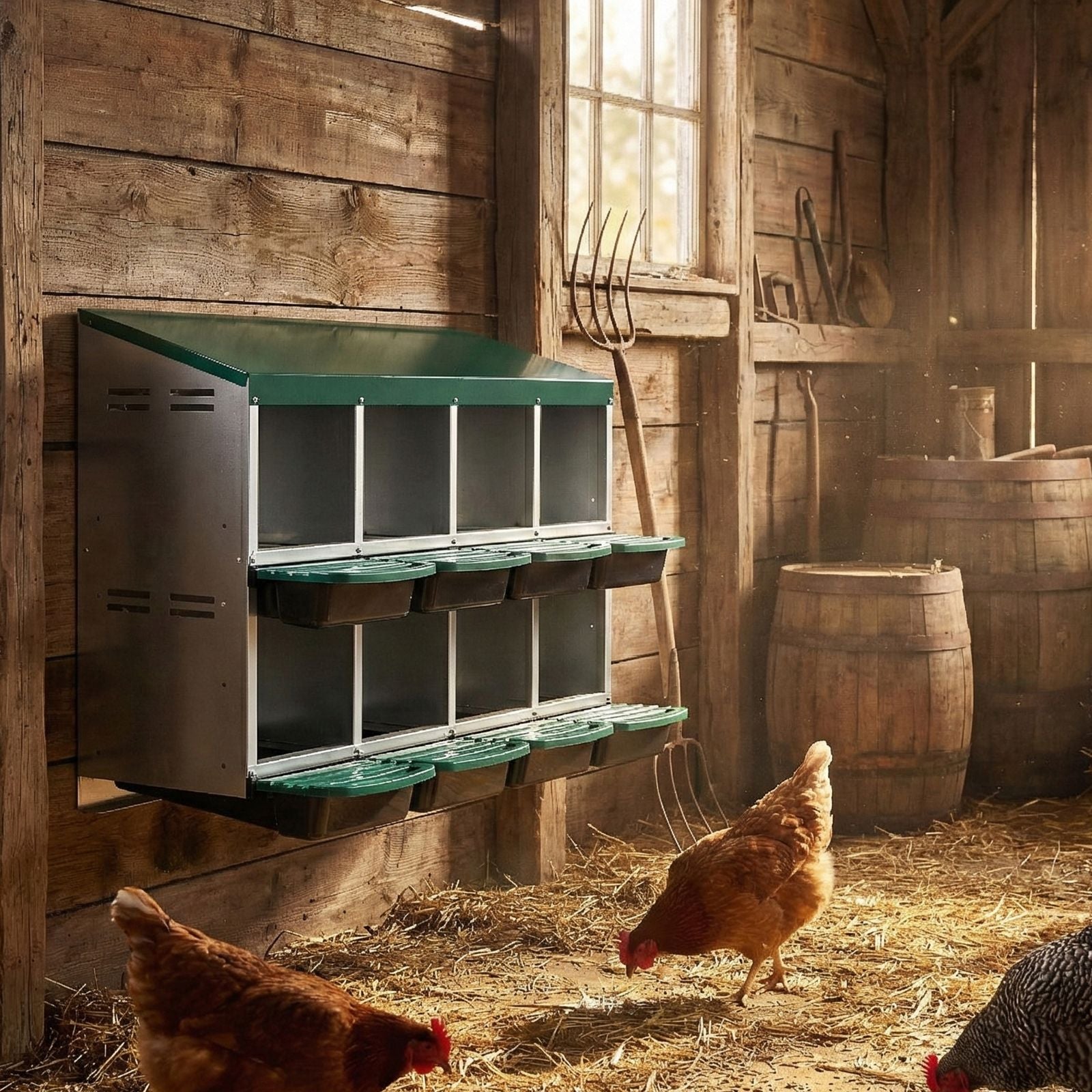 Chicken Nesting Box, 8 Compartment Roll Away Nesting Box for Laying Eggs, Wall Mount Chicken Nesting Boxes, Easy Egg Collection, Cleanable Pull Out Hen Roosting Boxes, 8 Holes, Green