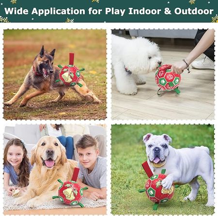 Christmas Dog Soccer Balls with Straps, Interactive Toys for Tug of War, Puppy Birthday Gifts, Durable Balls for Medium Large Dogs (8 Inch)