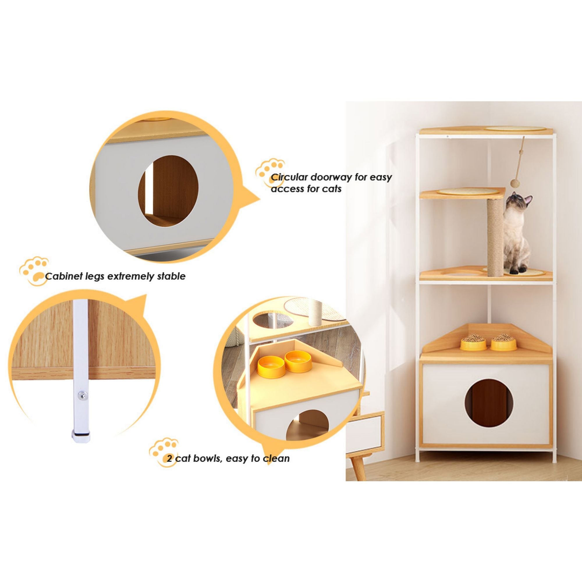 Corner Cat Tower with Scratching Post, Climbing Platforms, and Feeding Station