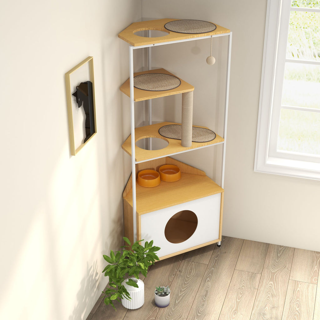 Corner Cat Tower with Scratching Post, Climbing Platforms, and Feeding Station