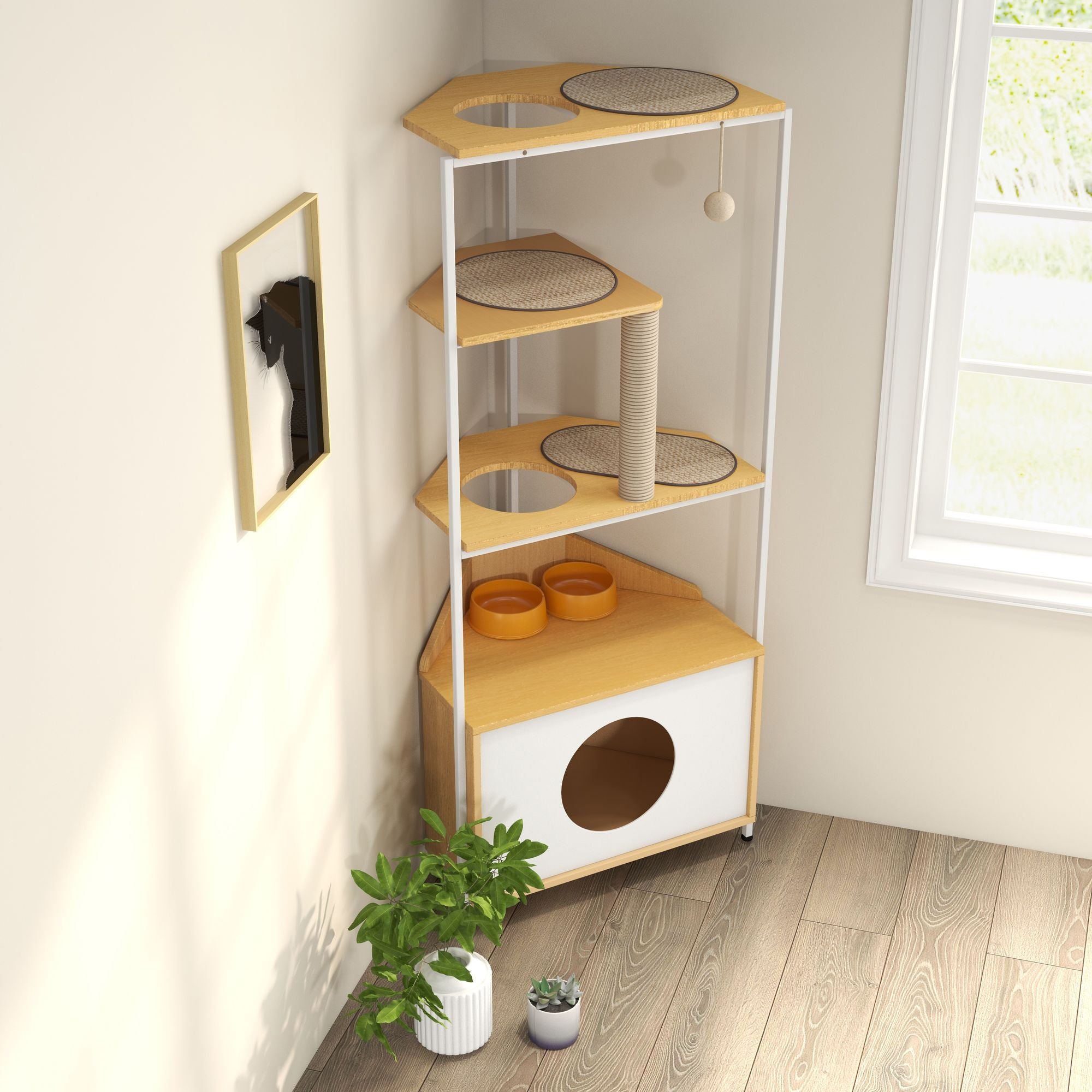 Corner Cat Tower with Scratching Post, Climbing Platforms, and Feeding Station