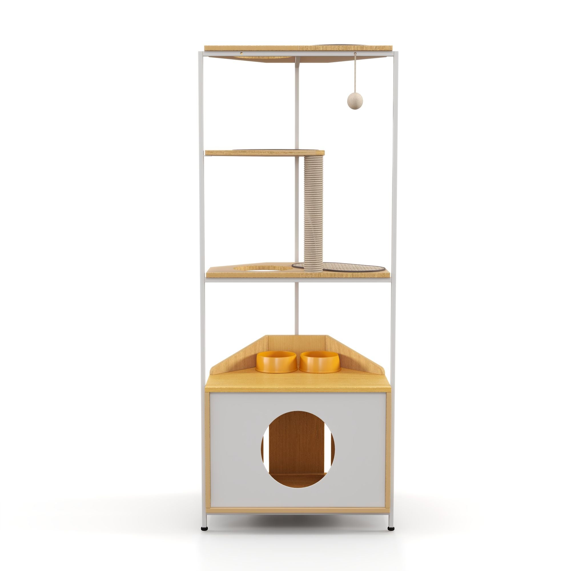 Corner Cat Tower with Scratching Post, Climbing Platforms, and Feeding Station