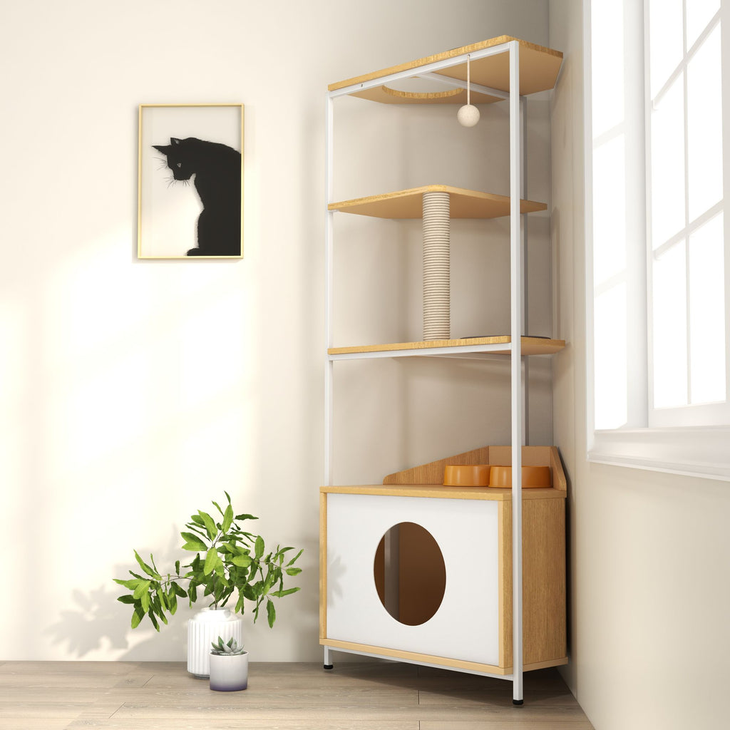 Corner Cat Tower with Scratching Post, Climbing Platforms, and Feeding Station