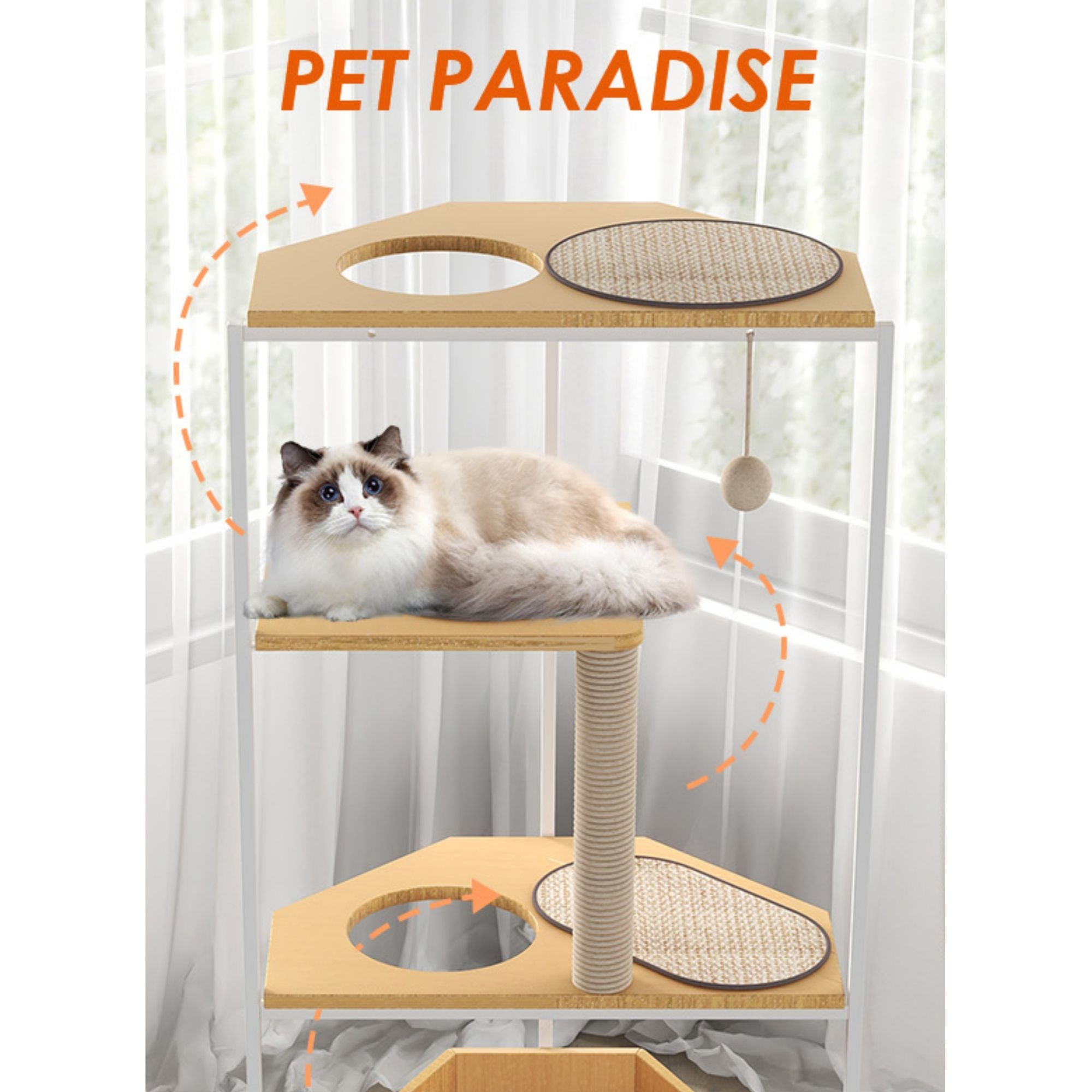 Corner Cat Tower with Scratching Post, Climbing Platforms, and Feeding Station