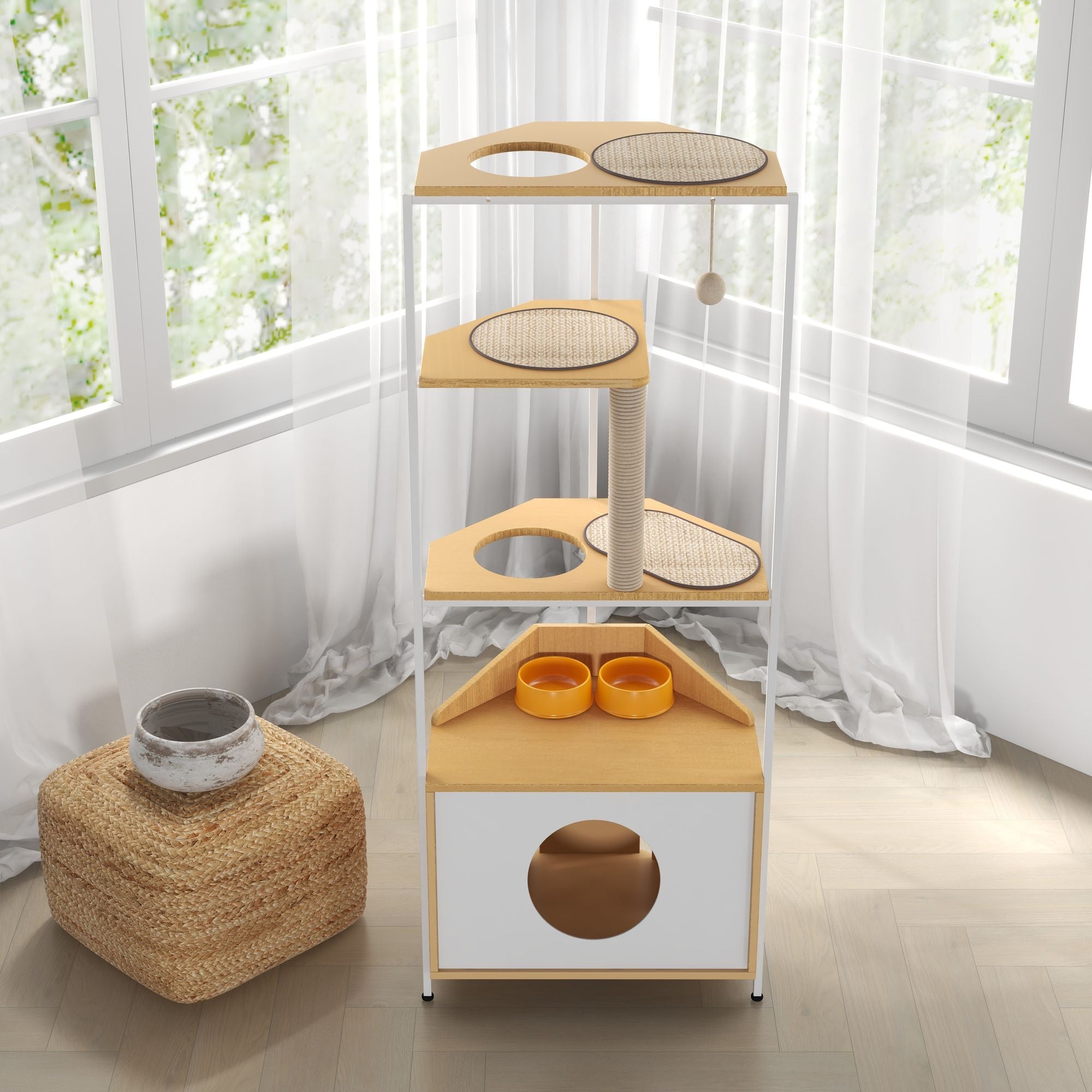 Corner Cat Tower with Scratching Post, Climbing Platforms, and Feeding Station