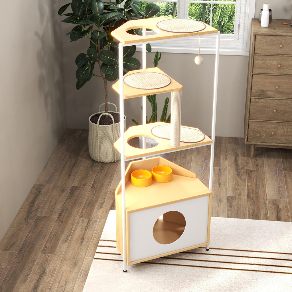 Corner Cat Tower with Scratching Post, Climbing Platforms, and Feeding Station