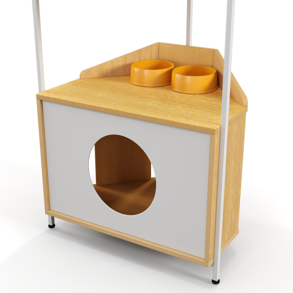 Corner Cat Tower with Scratching Post, Climbing Platforms, and Feeding Station