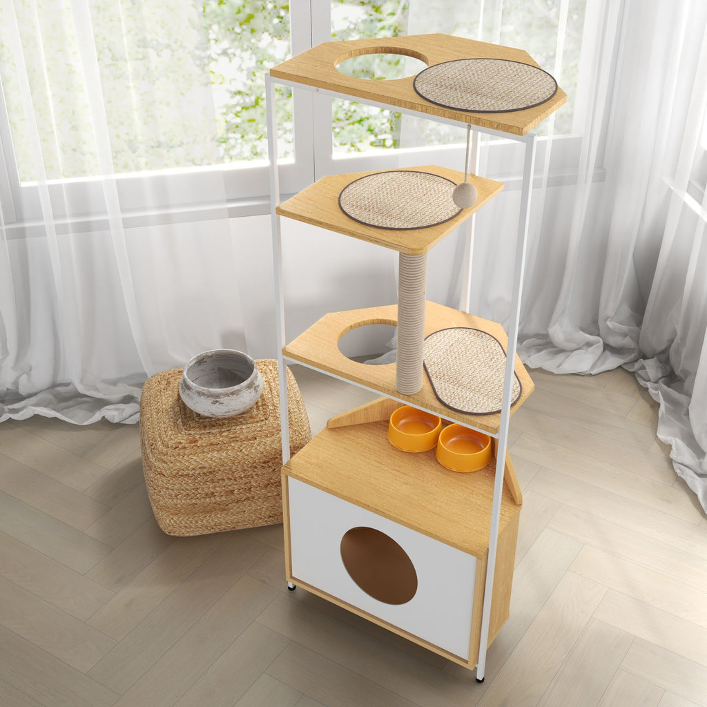 Corner Cat Tower with Scratching Post, Climbing Platforms, and Feeding Station