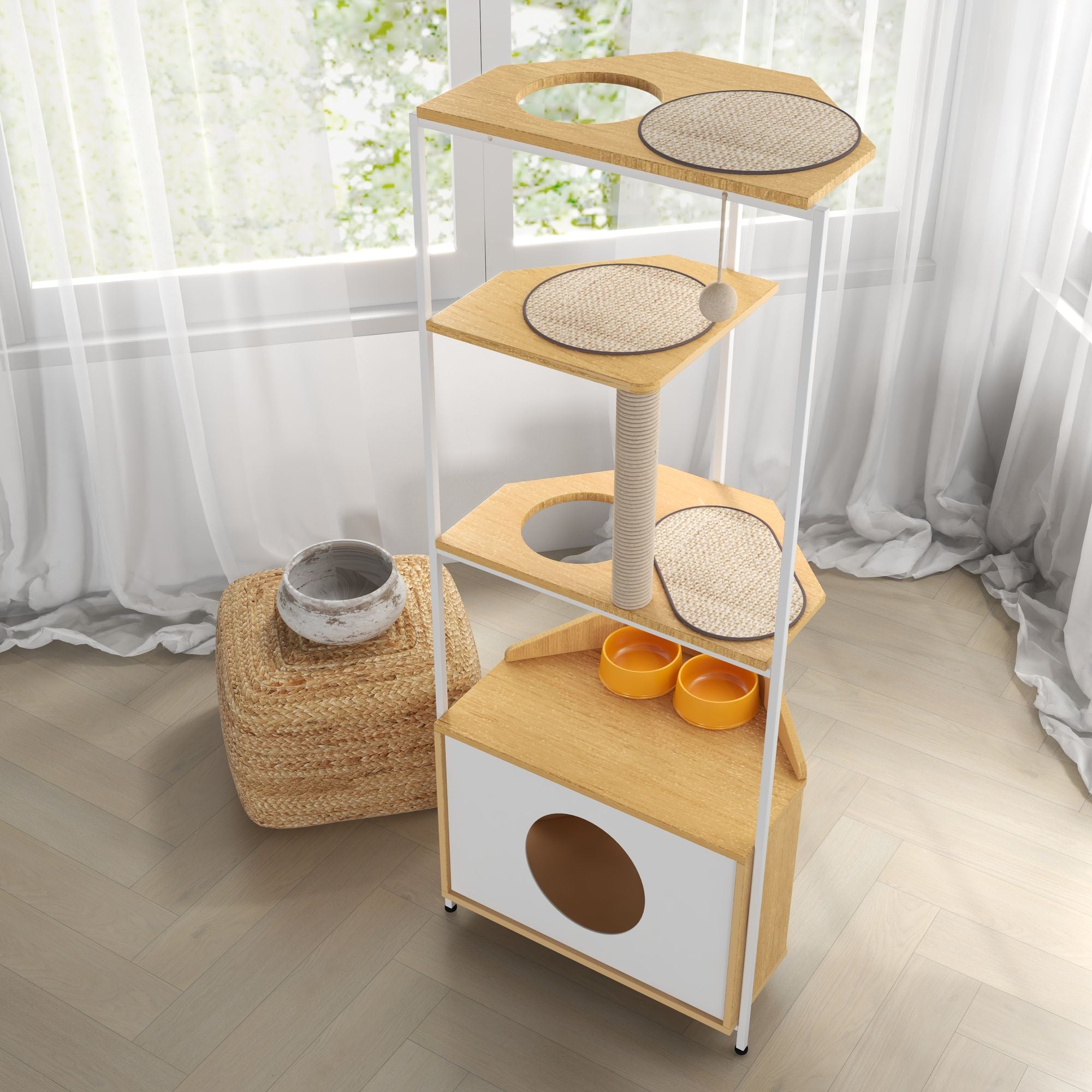 Corner Cat Tower with Scratching Post, Climbing Platforms, and Feeding Station