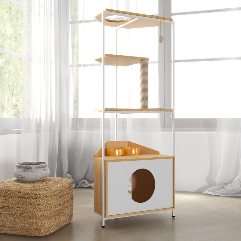 Corner Cat Tower with Scratching Post, Climbing Platforms, and Feeding Station
