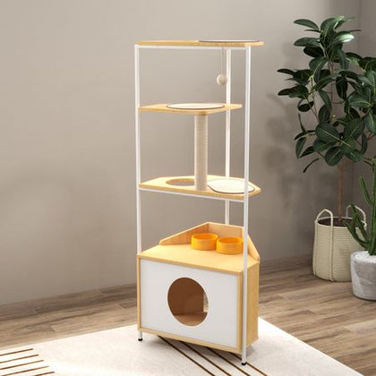 Corner Cat Tower with Scratching Post, Climbing Platforms, and Feeding Station