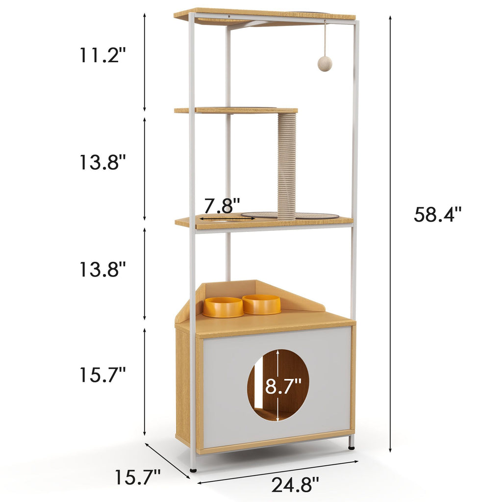 Corner Cat Tower with Scratching Post, Climbing Platforms, and Feeding Station