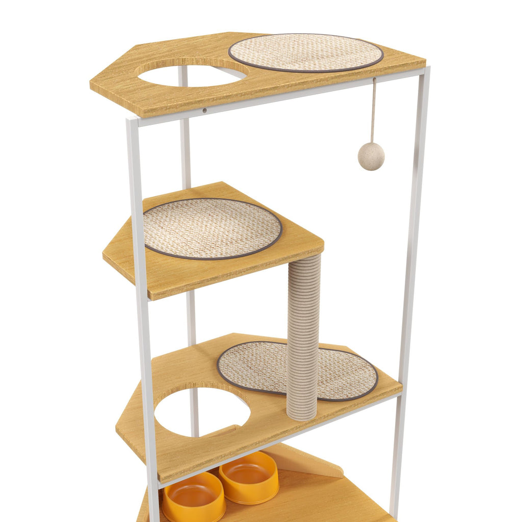 Corner Cat Tower with Scratching Post, Climbing Platforms, and Feeding Station