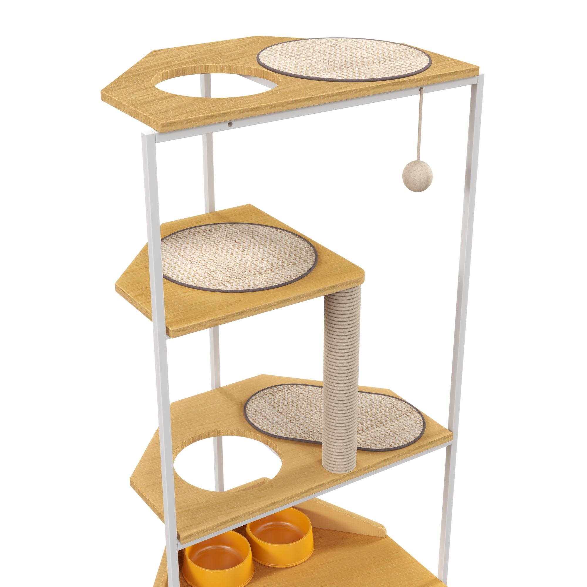 Corner Cat Tower with Scratching Post, Climbing Platforms, and Feeding Station