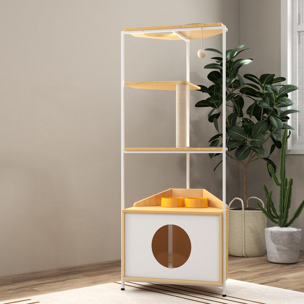 Corner Cat Tower with Scratching Post, Climbing Platforms, and Feeding Station