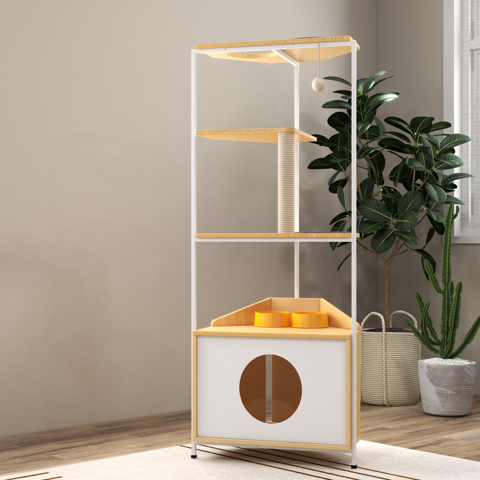 Corner Cat Tower with Scratching Post, Climbing Platforms, and Feeding Station