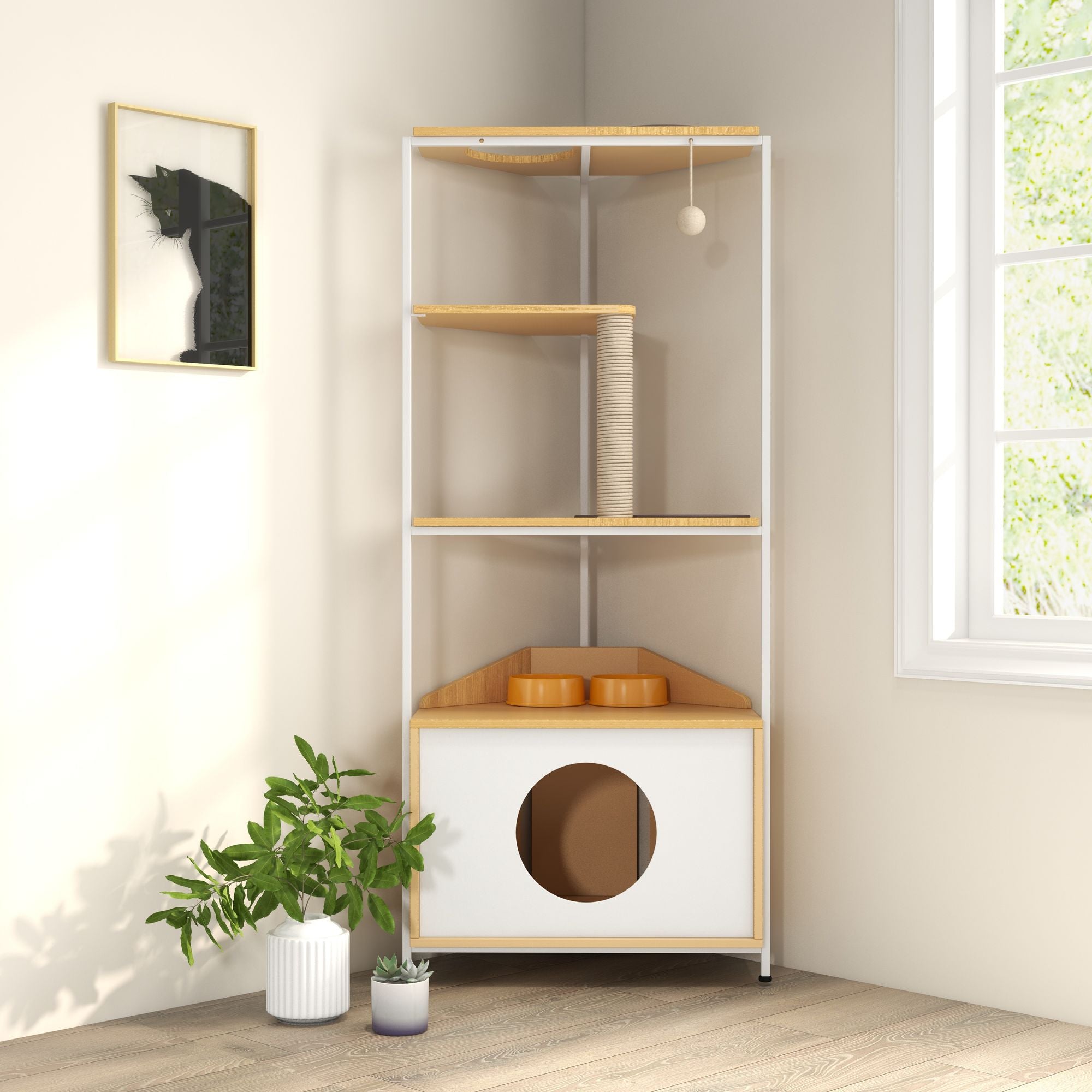 Corner Cat Tower with Scratching Post, Climbing Platforms, and Feeding Station
