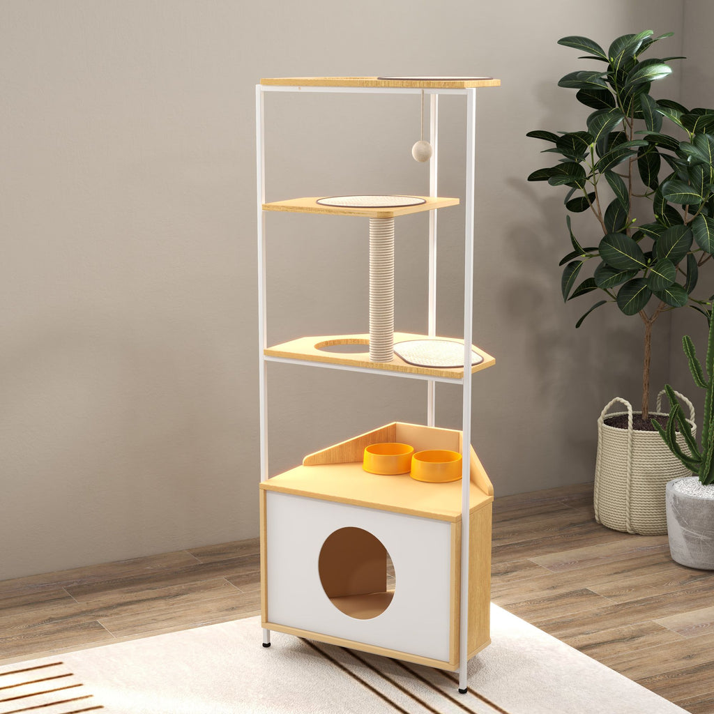 Corner Cat Tower with Scratching Post, Climbing Platforms, and Feeding Station