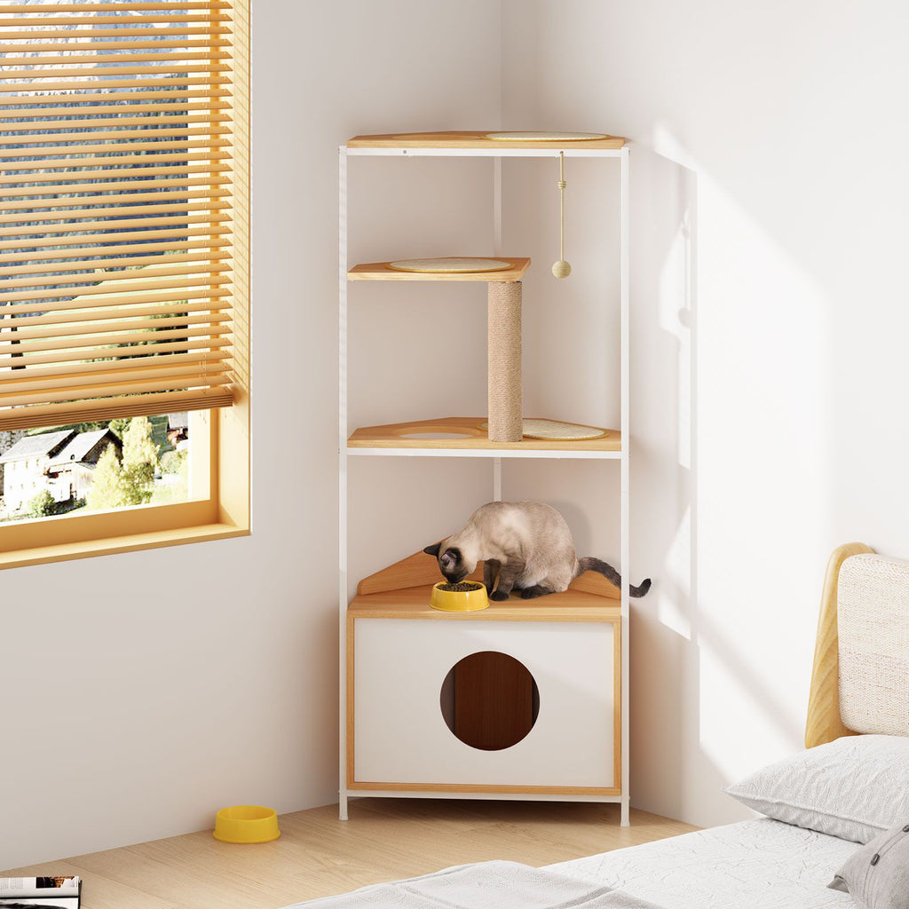 Corner Cat Tower with Scratching Post, Climbing Platforms, and Feeding Station