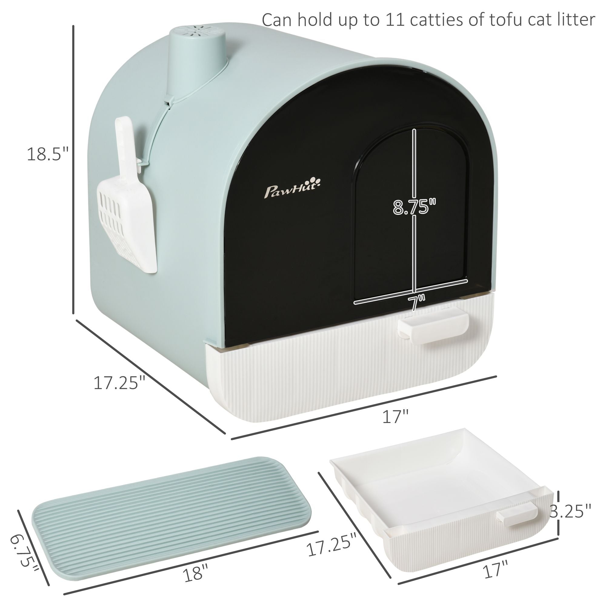 Covered Cat Litter Box, 17"x17"x18.5", Indoor with Lid, Tray, Scoop, Filter, Green