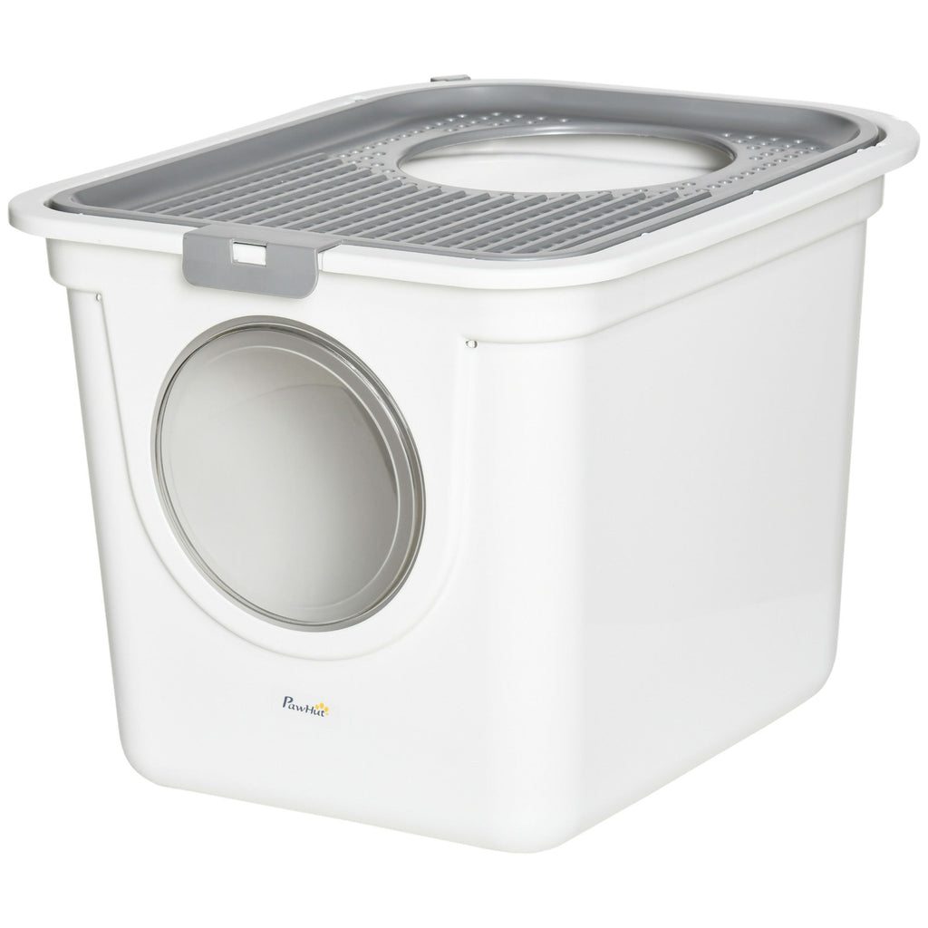 Covered Cat Litter Box, Easy Cleaning Kitty Litter Box with Front Entrance, Top Exit, Scoop, for Odor Control, White