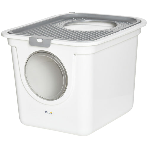 Covered Cat Litter Box, Easy Cleaning Kitty Litter Box with Front Entrance, Top Exit, Scoop, for Odor Control, White