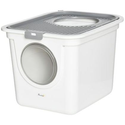 Covered Cat Litter Box, Easy Cleaning Kitty Litter Box with Front Entrance, Top Exit, Scoop, for Odor Control, White
