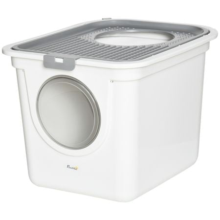 Covered Cat Litter Box, Easy Cleaning Kitty Litter Box with Front Entrance, Top Exit, Scoop, for Odor Control, White