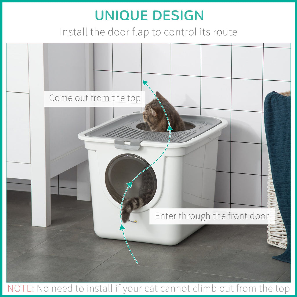 Covered Cat Litter Box, Easy Cleaning Kitty Litter Box with Front Entrance, Top Exit, Scoop, for Odor Control, White