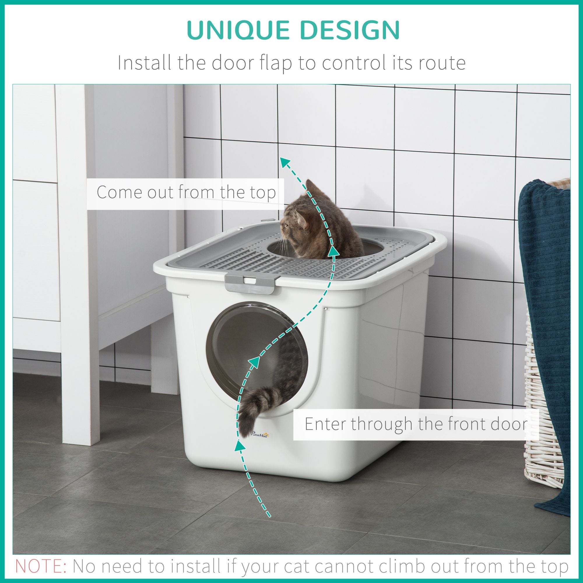 Covered Cat Litter Box, Easy Cleaning Kitty Litter Box with Front Entrance, Top Exit, Scoop, for Odor Control, White