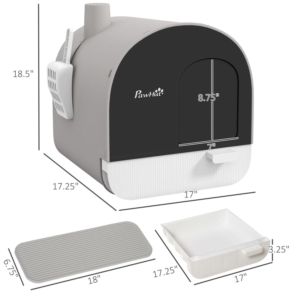 Covered Cat Litter Box, for Indoor use, with Tray, Scoop, Filter, 17"x17"x18.5", Light Gray